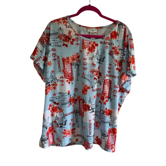 Rebecca Malone Woman 1X London Theme Print Top Short Sleeve Novelty Vacation - Picture 1 of 3